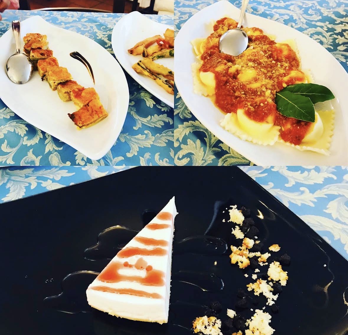 Piatti tipici: torta salata, ravioli al pomodoro e semifreddo
